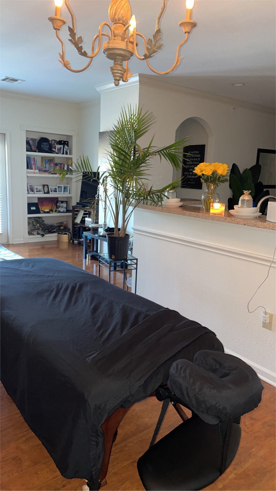 A peaceful, prepared mobile massage space